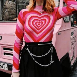 Hippie 70s 60s  Heart Psychedelic Jacquard Knit Sweater Sz M  Funky Loud